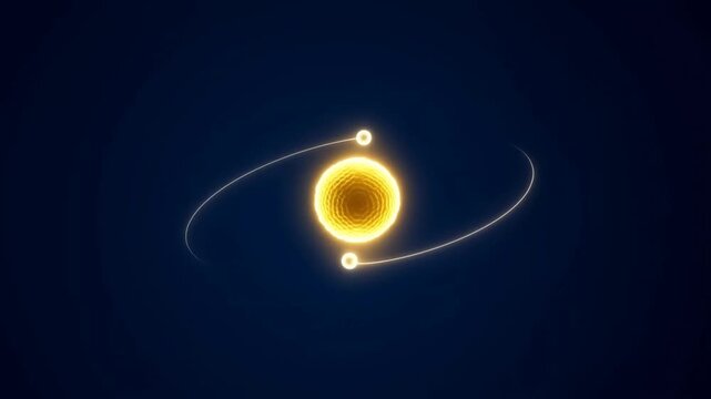 Animated atom model with glowing nucleus and orbiting electrons against a dark blue background