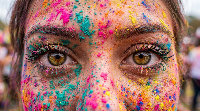 Woman's face with bright eyes is covered in colorful powder during Holi festival.