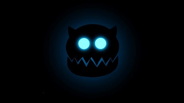 Glowing blue eyed monster silhouette with jagged mouth centered on black background