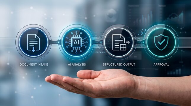 Intelligent document processing workflow showing glowing digital interface from intake and analysis to structured output
