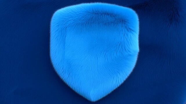 Bright blue furry cube rests centered against a dark blue textured background