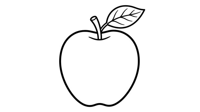A simple black and white line art illustration of a fresh apple with a single leaf isolated on white background
