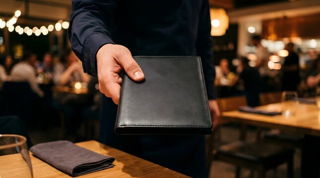 Waiter hand holding a leather menu folder in a blurred restaurant interior