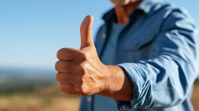 Close-up of an elderly man's hand giving a thumbs-up gesture, relaxed clothing, faceless candid appreciation moment, with copy space