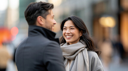 Fototapeta premium Cropped over-the-shoulder shot of two people talking on a cosmopolitan street, defocused urban background, candid lifestyle photography, with copy space