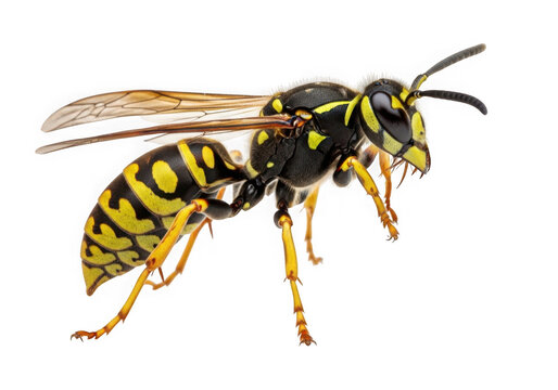 A single yellow and black striped wasp insect flying in the air close up detailed view isolated on transparent background