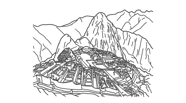 Machu Picchu ancient ruins mountain landscape line art.