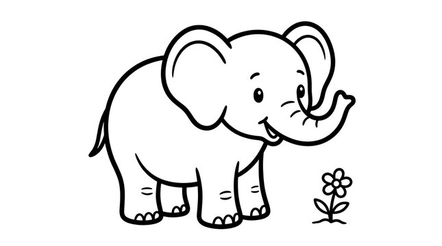 A cute cartoon elephant standing next to a small flower in a simple black and white line art drawing style
