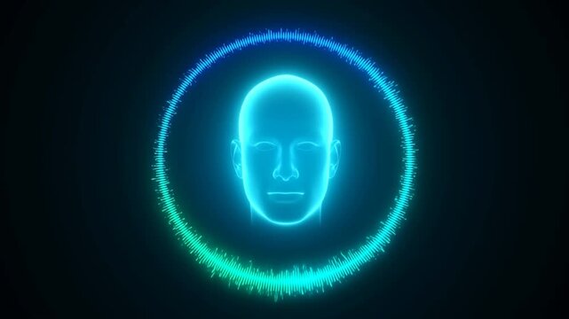 glowing blue holographic head encircled by pulsing audio waveform on dark background