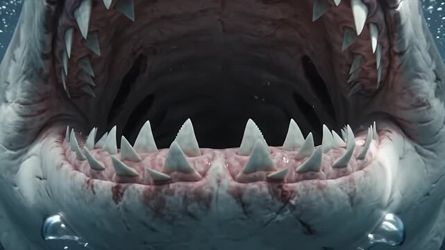 Close-up of a menacing great white shark swimming in dark blue ocean water, showing sharp teeth and powerful jaws, marine predator in its natural habi