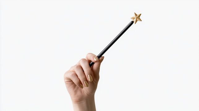 Hand holding a magic wand with a gold star isolated on white background