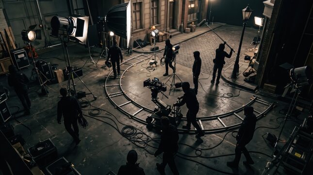 Film crew working on movie set with camera and lights, behind the scenes of cinema production, director and actors preparing for scene in studio environment.