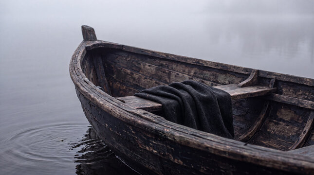 Old wooden rowboat with a dark blanket on a foggy lake