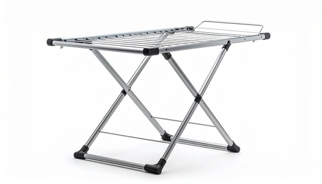 Foldable clothes drying rack, portable metal laundry airer with X-frame legs, isolated on white background. Modern household item.
