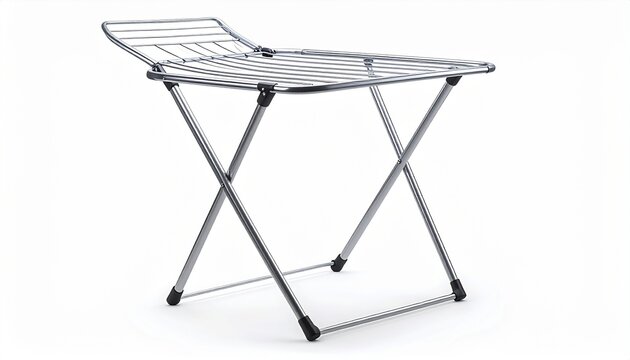 Foldable clothes drying rack, portable metal laundry airer with X-frame legs, isolated on white background. Modern household item.
