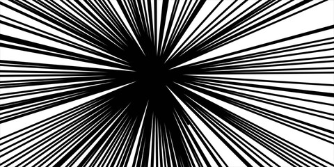 Black and white dynamic radial zoom line background, comic speed lines effect, vector illustration, focus line, starburst, abstract backdrop. © Nandi