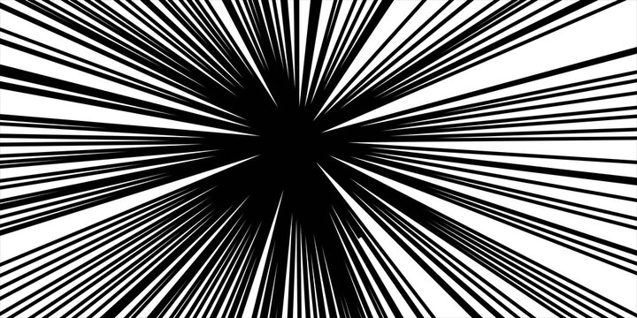 Black and white dynamic radial zoom line background, comic speed lines effect, vector illustration, focus line, starburst, abstract backdrop.