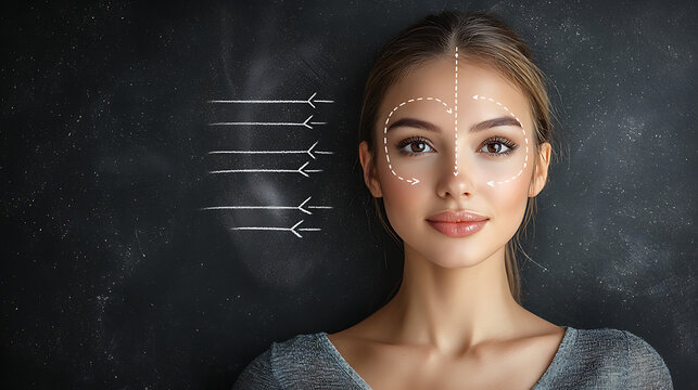 Young woman with facial contouring lines and arrows pointing to her face on a dark background