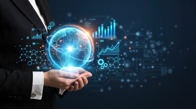 Business professional holding glowing digital globe surrounded by financial charts and graphs symbolizing global market analysis and economic growth strategies