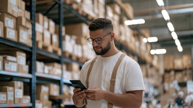 A lone fulfillment warehouse worker scanning outbound parcels stacked on steel shelving in an industrial dispatch center, dropshipping workflow captured mid-process, fluorescent