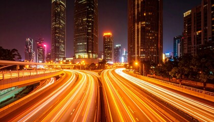 Naklejka premium Street scene at night in a city showcasing captivating light trails from vehicles, concept of time