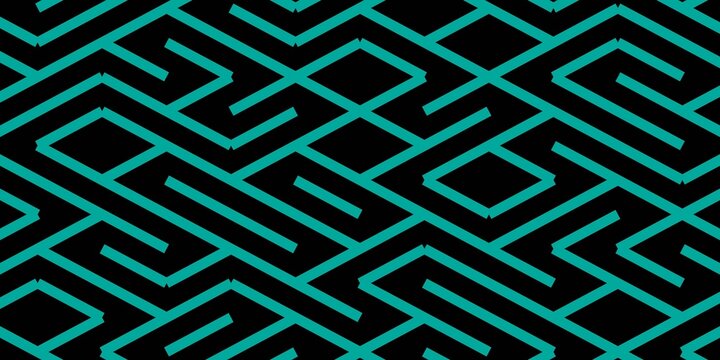 Abstract geometric maze pattern with modern cyan lines on a dark black background, minimalist vector illustration.