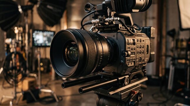 Professional cinema camera on tripod in film studio, movie production equipment, filmmaking gear, broadcast television recording device, lens focus detail, behind the scenes