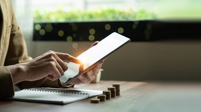 Person using digital tablet with glowing screen next to stacks of coins and notebook, symbolizing online banking, financial investment, savings, budget management and wealth