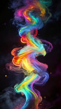 Swirling multicolored smoke column rising against black background. Abstract vertical video with panning and tilting camera movement.