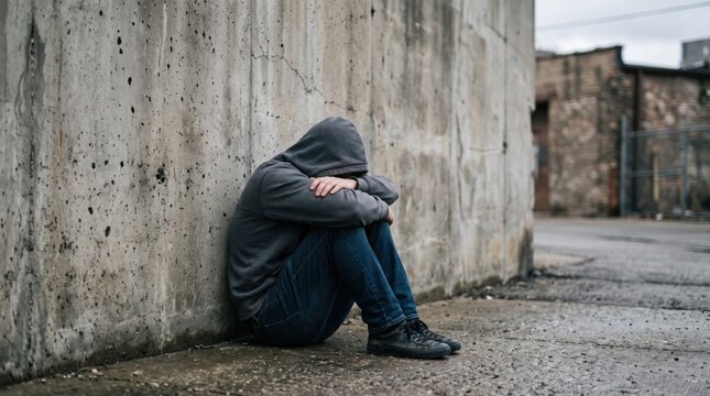 Homeless person sitting alone against concrete wall in alley, poverty and social isolation, despair and loneliness emotion, urban street life struggle, hooded figure hiding face