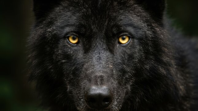 Intense Gaze of a Black Wolf: A striking close-up of a black wolf's face, its piercing yellow eyes fixated on the viewer.