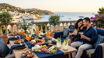 Fototapeta premium Mediterranean Delight: A couple enjoys a romantic evening overlooking a picturesque coastal town, with a lavish spread of appetizers and cocktails laid out on a table adorned with blue accents.
