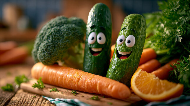 Funny cucumber characters with faces on cutting board still life cucumber vegetable character