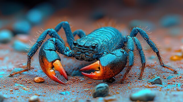 Closeup of a menacing scorpionlike creature with large claws on sandy ground.