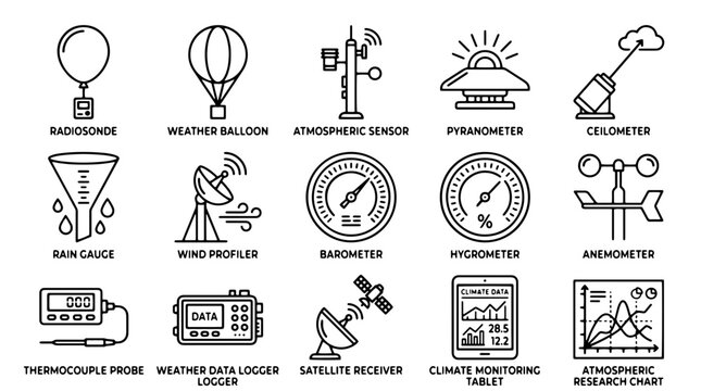 Meteorology equipment icon set, 15 weather station instrument line vectors, atmospheric research tools for climate monitoring