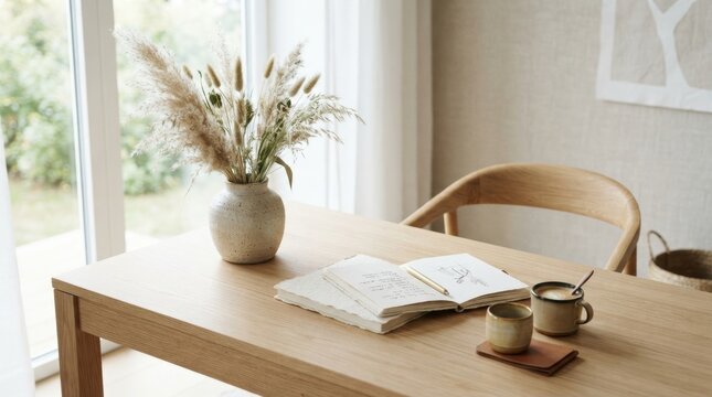 Cozy Reading Nook: A minimalist wooden table, adorned with a vase of dried flowers, an open book, and two cups of coffee.