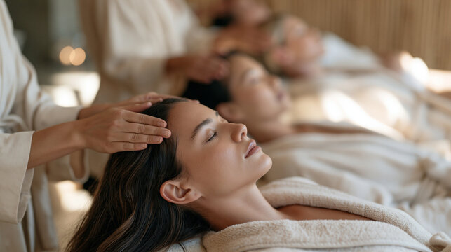 A multicultural group of spa guests in robes receiving simultaneous scalp massage treatments in a minimalist bamboo-paneled studio, therapists at work behind each client, serene