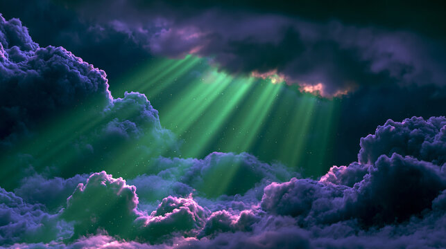 Dramatic god rays illuminating thick purple clouds in night sky with atmosphere, dramatic
