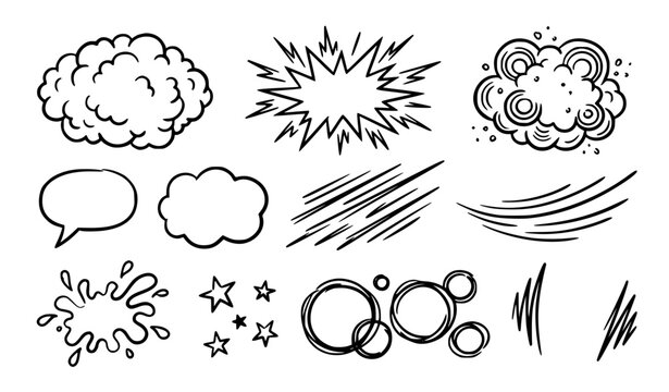 Hand Drawn Comic Burst Icon Set with Speech Bubble, Cloud, Splash, and Scribble Doodle Symbols for Design