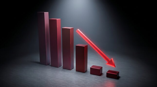 3D descending bar chart with a glowing red downward arrow under a spotlight. Perfect conceptual image for economic crisis, recession, financial loss, stock market crash, and bankruptcy