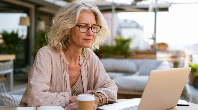 Mature woman working on a laptop at an outdoor cafe