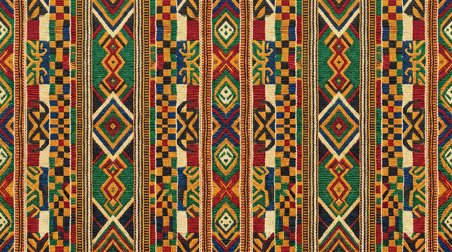 Colorful kente cloth pattern with geometric shapes and stripes for african textiles and prints.