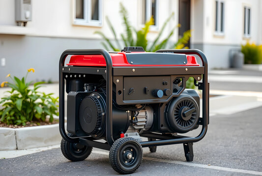 Portable red and black power generator on wheels for emergency electricity supply outdoors, this mechanical equipment is designed for backup power during outages, ensuring continuous energy