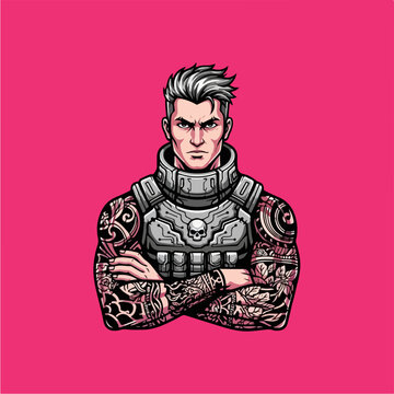 Illustration of a tough soldier with intricate tattoos and tactical armor.