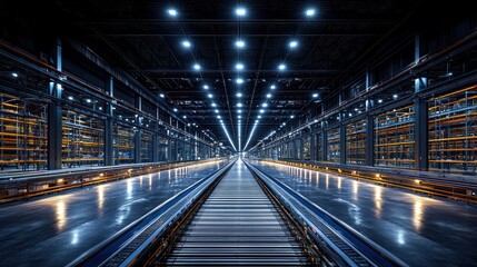 Naklejka premium Futuristic Warehouse Interior with Rows of Shelves and Bright Lights.