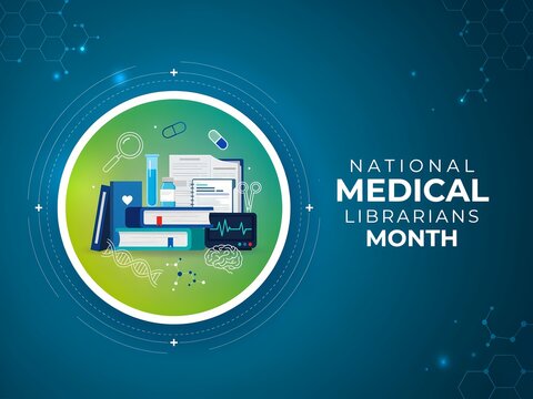 National medical librarians month concept with books and health icons on a circular green background with blue space