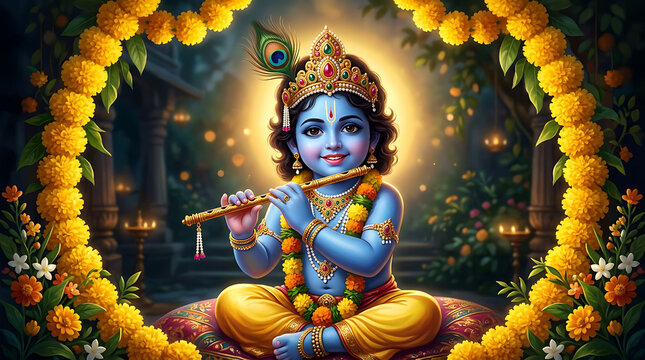 Divine baby krishna playing flute surrounded by marigold flowers
