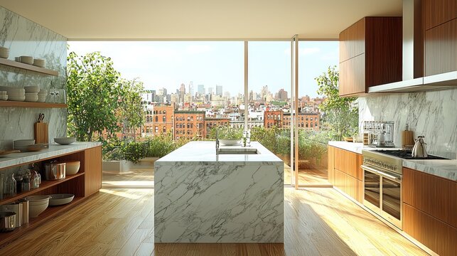 Modern Luxury Kitchen with Panoramic City Views and Lush Greenery.