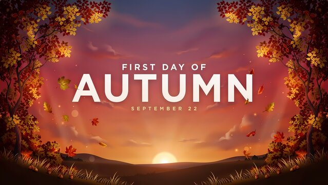 First day of autumn greeting card design with text and falling dry leaves on a warm sunset background
