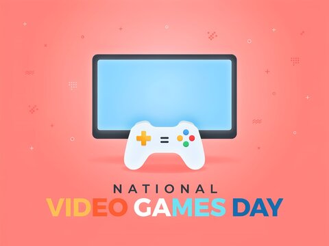 Pixel art style national video games day illustration with a gaming controller and computer monitor on an orange background